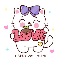 Obraz na płótnie Canvas Valentine cat cute cartoon holding sweet love strawberry label (kitten playing). Series: love festival kawaii animals.