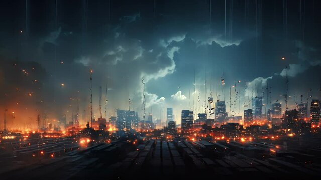 An unsettling digital representation of a world ravaged by the consequences of unchecked AI growth. Natural disasters, environmental destruction, and societal collapse all depicted through