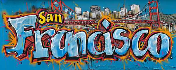 San Francisco written in graffiti art with cityscape and famous red Golden Gate Bridge. Grunge graffiti urban city sign, travel T-shirts design. USA tourism, vacation lifestyle text word sign by Vita - obrazy, fototapety, plakaty