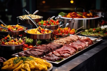 catering buffet food indoor in luxury restaurant with meat and vegetables, Catering buffet food, Delicious colorful meat and vegetable dishes, AI Generated - obrazy, fototapety, plakaty