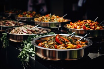 catering buffet food indoor in luxury restaurant with meat colorful fruits and vegetables, Catering buffet food, Delicious colorful meat and vegetable dishes, AI Generated