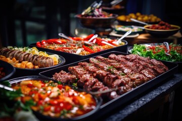 catering buffet food indoor in luxury restaurant with meat and vegetables, Catering buffet food, Delicious colorful meat and vegetable dishes, AI Generated