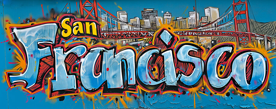 San Francisco written in graffiti art with cityscape and famous red Golden Gate Bridge. Grunge graffiti urban city sign, travel T-shirts design. USA tourism, vacation lifestyle text word sign by Vita