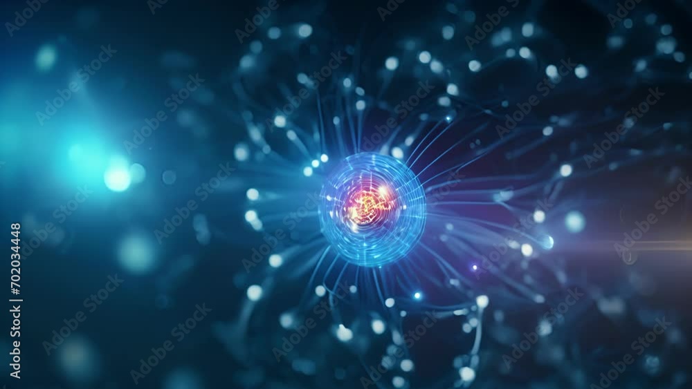 Poster closeup of an atomic nucleus surrounded by multiple neutrons, ilrating the concept of neutron captur