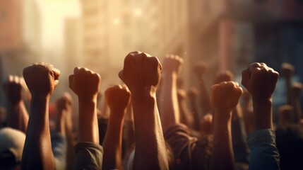 Group of angry protestors and demonstrators or unity of protesters and fighting for rights as hands of various people illustrated in 3D illustration style. - obrazy, fototapety, plakaty