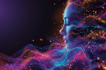 A digital art piece showcases a woman's face with glowing hair, as if melting into the universe.