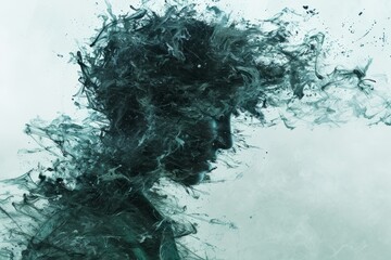 An abstract portrait captures a person's hair blowing in the wind, their profile dissolving into the air. - obrazy, fototapety, plakaty