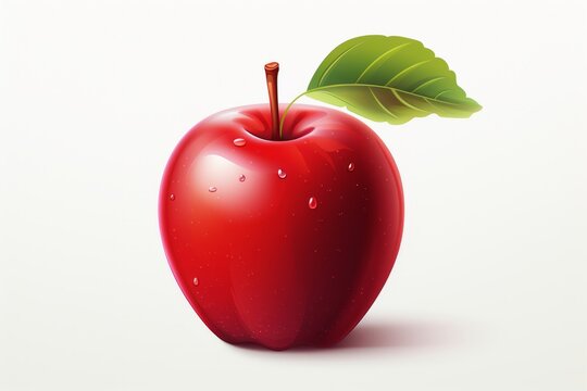 A red apple with a leaf, rendered in an ultra-realistic illustration, stands out against a white background.