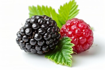 Two raspberries with leaves are captured in a high-quality photo, showcasing their natural beauty on a white surface.