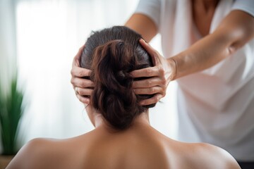 Fototapeta premium Close up of masseur massaging female back at spa salon, Chiropractor adjusting woman spine, AI Generated