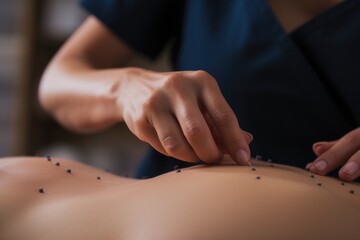 Close-up of the hands of a masseur doing a back massage, Close up of female therapist treating patient with Chinese cupping acupuncture, AI Generated - obrazy, fototapety, plakaty