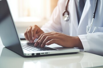 Doctor working on laptop computer in medical office at hospital. Medical and healthcare concept, Close up of male doctor working and typing on laptop computer at doctor's office, AI Generated