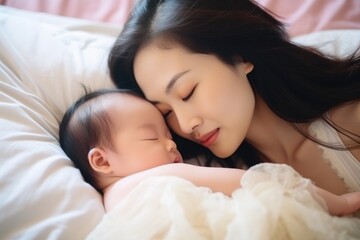 Portrait of beautiful asian mother and daughter sleeping together on bed, Close up portrait of beautiful young asian caucasian mother day girl kissing her healthy newborn baby sleep, AI Generated