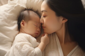 Fototapeta na wymiar Beautiful asian mother and her adorable baby on bed at home, Close up portrait of beautiful young asian caucasian mother day girl kissing her healthy newborn baby sleep in bed, AI Generated