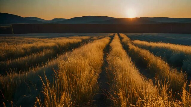Harvest Glow: Stunning Stock Footage of a Paddy Field at Sunset in the Golden Hour