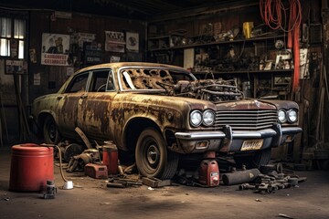Abandoned car in the garage of a car repair shop, car in auto repair shop, AI Generated