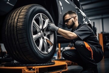 auto mechanic changing a wheel on a car in a car repair shop, Car mechanic working in garage and changing wheel alloy tire, AI Generated - obrazy, fototapety, plakaty