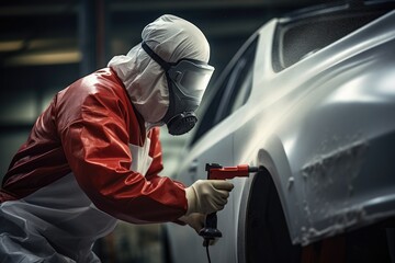 Fototapeta na wymiar Worker in protective suit and mask polishing car body at car service station, Car painter in protective clothes and mask painting a car, AI Generated