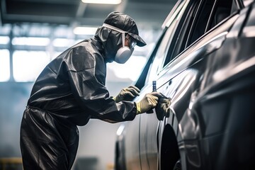 Car service worker polishing a car in a workshop. Car detailing concept, Car painter in protective clothes and mask painting a car, AI Generated - obrazy, fototapety, plakaty