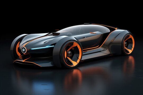 3d rendering of a sports car in neon light on a black background, Car design using digital tablet, AI Generated