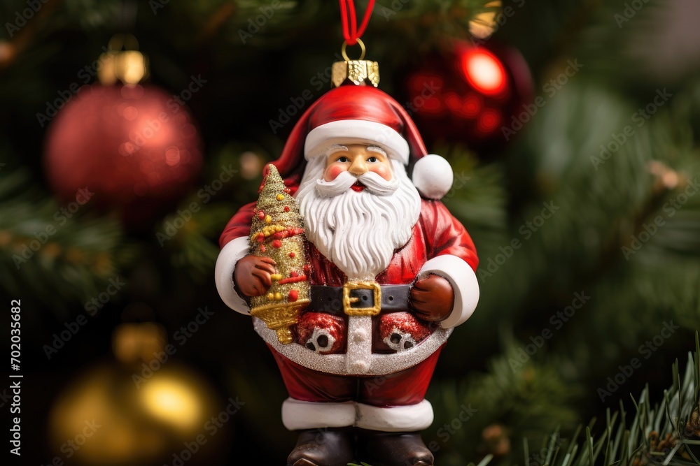 Poster Santa claus figurine on christmas tree with red baubles, christmas tree decorations, santa claus with gifts, AI Generated