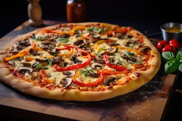 Pizza with mushrooms, peppers, olives and cheese on wooden background, Cheese pizza with toppings of bell peppers, olives, mushrooms and oregano, AI Generated