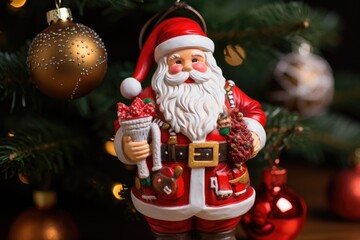 Santa Claus doll with gift box on the background of Christmas tree, christmas tree decorations, santa claus with gifts, AI Generated