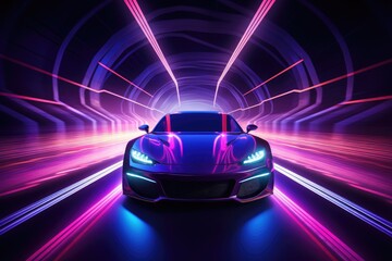 Fototapeta premium Modern car on the road with motion blur background. 3d rendering, Car in a tunnel with neon lighting, front view, AI Generated