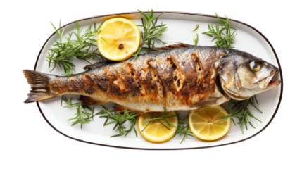 Grilled whole fish Isolated on transparent background. PNG file.