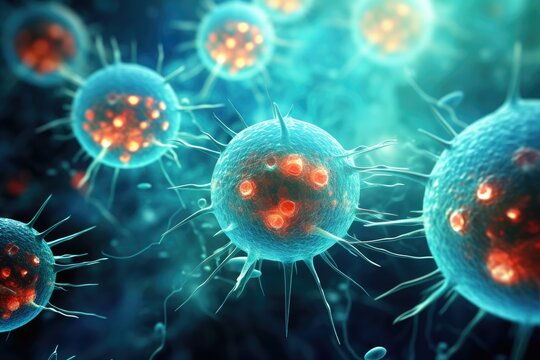 Microscopic view of virus cells, 3D illustration. Microscopic view of virus cells, cellular therapy and regeneration, microscopic view of body cells, research of stem cells, AI Generated