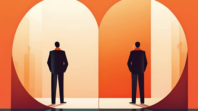 A person standing between two mirrors seeing an infinite reflection of themselves. Psychology art concept.
