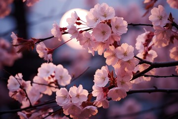 Obraz premium Beautiful cherry blossom in the garden at sunset, Thailand, Close-up of a cherry blossom tree under the soft light of a full moon, AI Generated