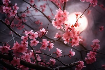 cherry blossom in full moon light, cherry blossom background, Close-up of a cherry blossom tree under the soft light of a full moon, AI Generated