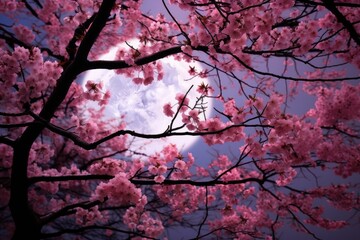 cherry blossom in the morning, pink flowers on a tree, Close-up of a cherry blossom tree under the soft light of a full moon, AI Generated