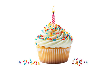 Colorful birthday cupcakes with candles and toppings isolated on transparent background. PNG file.