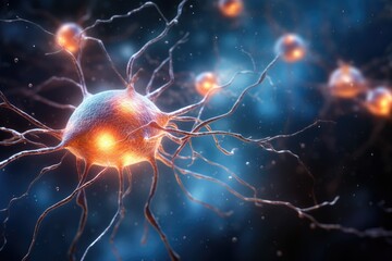 3D illustration of a neuron cell with neurons and nervous system, close up of human brain showing neurons firing and neural extensions, AI Generated