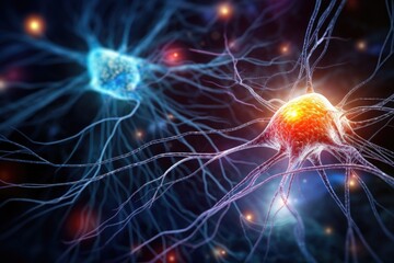 3D illustration of Neuron cell or Neuron cell. Neuron cell, Neuron cell, Neuron cell, close up of human brain showing neurons firing and neural extensions, AI Generated