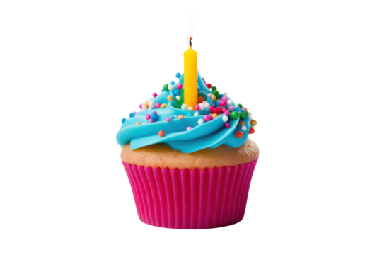 Colorful birthday cupcakes with candles and toppings isolated on transparent background. PNG file.