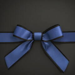 Blue bow with horizontal blue tied ribbons isolated on dark black. Element for decoration gifts, greetings, holidays. Vector illustration