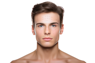 Close-up photo of a handsome and healthy young man Face lift surgery and skin care concept Isolated on transparent background. PNG file.
