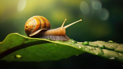 A snail in close-up on a large green leaf. The edible snail is a common large European land snail. Beauty is in nature.
