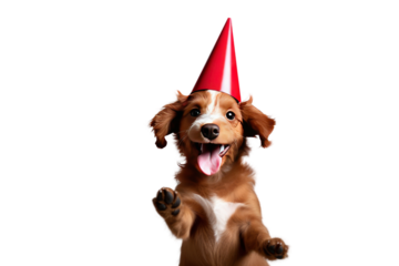 Cute dog celebrating with red prairie hat Isolated on transparent background. PNG file.