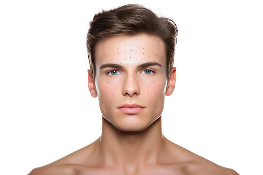 Close-up photo of a handsome and healthy young man Face lift surgery and skin care concept Isolated on transparent background. PNG file.
