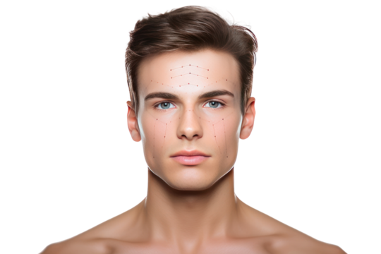 Close-up photo of a handsome and healthy young man Face lift surgery and skin care concept Isolated on transparent background. PNG file.