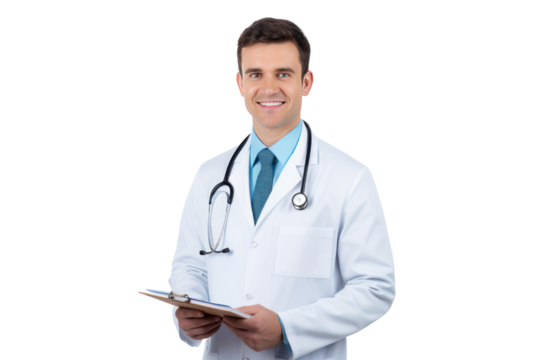 Smiling handsome doctor standing with notebook in medical practice