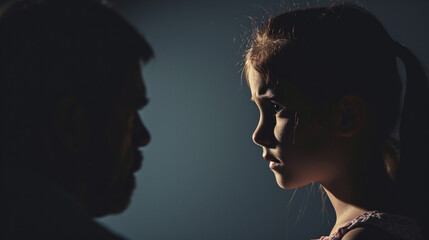Silhouette daughter shadow and depress father aguing with Violence And Divorce problem. Created using generative AI.
