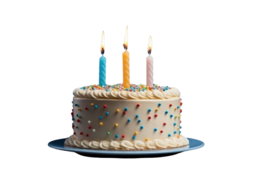Colorful birthday cake with lit candles isolated on transparent background. PNG file.