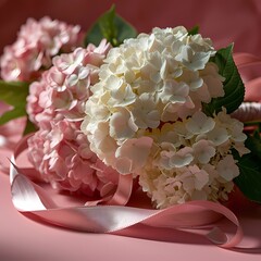 realistic Hydrangeas pink and white bouquet with pink background