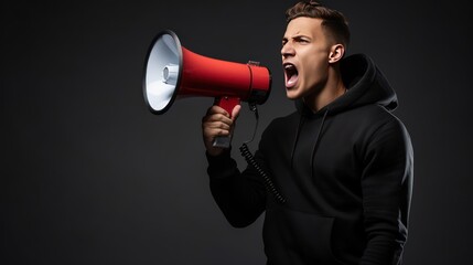 Young man announces using a megaphone