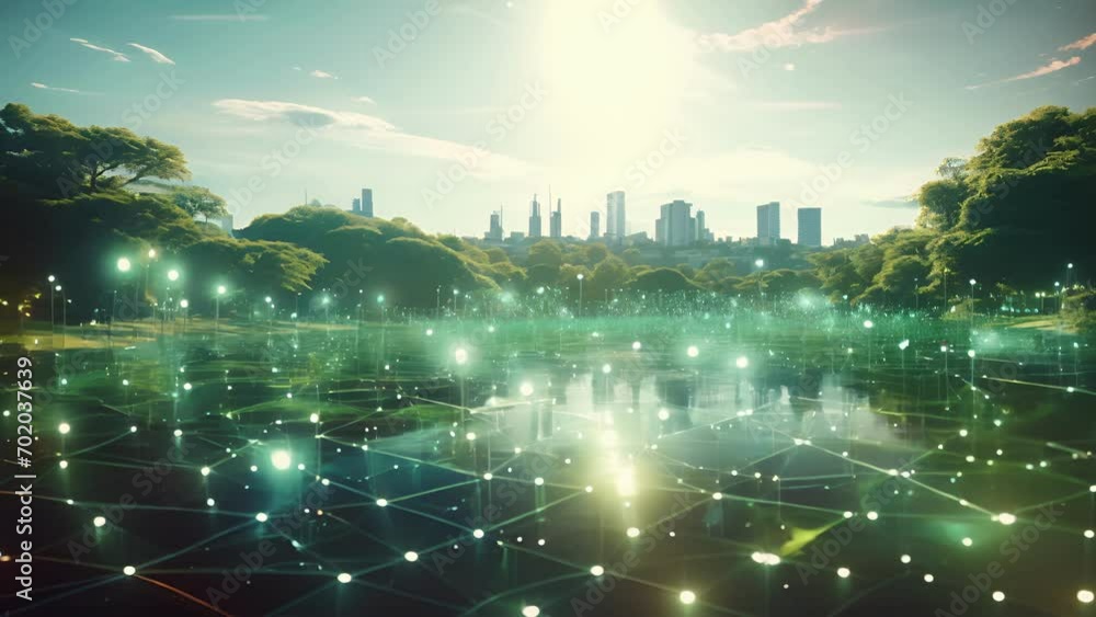 Poster a city where flying vehicles and autonomous drones navigate through a network of green spaces, showc